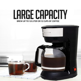 OVENTE 12-Cup Drip Coffee Maker with Borosilicate Glass Carafe, One-Touch Operation Machine, Anti-Drip System, Reusable Filter and Clear View Water Level Gauge, Ideal for Home or Office, Black CM412B