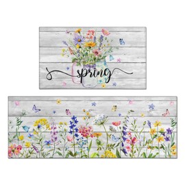 Twyt decor Spring Kitchen Rug Set of 2,Non-Slip Washable Kitchen Mats,Wood Grain Floral Kitchen Mats,Spring and Summer Holiday Decorations for Home Kitchen,17x30+17x47 Inch