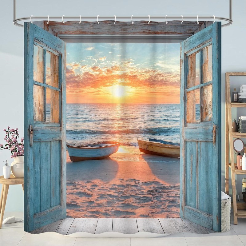 Beach Coastal Shower Curtain, Ocean Sunrise Seascape Nautical Shower Curtains