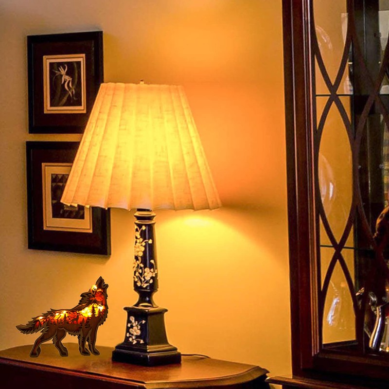 Zagxuade Wooden Wolf Decor with Light, Forest Animals Table Decor,