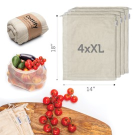 4-pack Reusable Produce Bags Grocery Washable XL, Organic Cotton Mesh Produce Bags, Double-Stitched Vegetable Bags Grocery Reusable, Tare Weight, Cotton Produce Bags Reusable Washable, Produce bgs XL