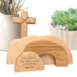 Easter Resurrection Scene Set - Wooden Empty Tomb Scene Easter Bundle | Handcrafted Jesus Nativity Sign, Religious Christian Table Catholic Decor for Home, Church