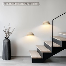 Wabi-Sabi Art Lighting Fixture Nordic Modern Marble Wall Sconce, Half Moon Semi Circle Yellow Travertine Wall Lamp,Japanese Style Natural Stone Bedside Wall Light for Bedroom, Foyer, Entryway,Stairs