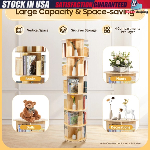 6 Tier Plants Rotating Bookshelf Cylindrical Wooden Book Rack Storage