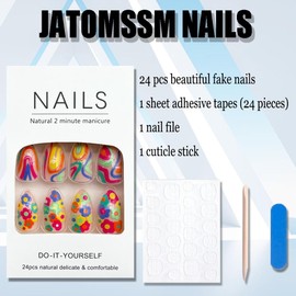 24Pcs Colorful Flower Press on Nails Medium Almond Shape Fake Nails Full Cover Summer False Nail Tips Cute Stripe Petal Design Stick on Nails Acrylic Artificial Nails for Women Manicure Decoration