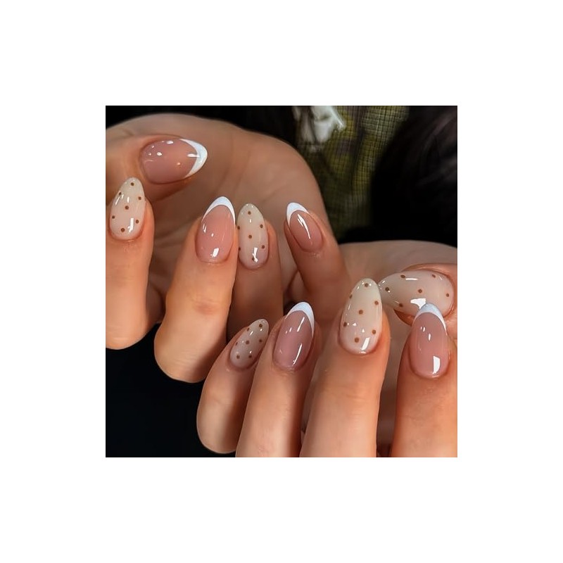 SXVME Uñas postizas blancas con punta francesa almendra, cortas con