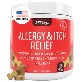 iHeartDogs Allergy & Itch Relief for Dogs with Salmon Oil, Quercetin, Colostrum, Antioxidants and Probiotics - 90 Count