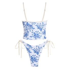 ZAFUL Tankini Swimsuits for Women Tie Front Tummy Control Spliced Ruffles Bikini Sets Two Piece Bathing Suits(3-Blue Flower, M)