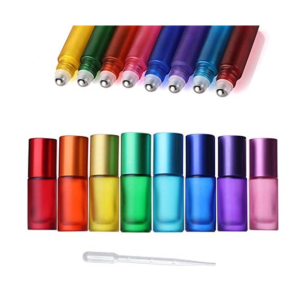 ConStore 8pcs 5ml Colorful Frosted Roll on Bottles Glass Roller Ball for Essential Oils Refillable Massage Roller Bottles with Stainless Steel Ball Empty Containers for Aromatherapy+1pcs Dropper