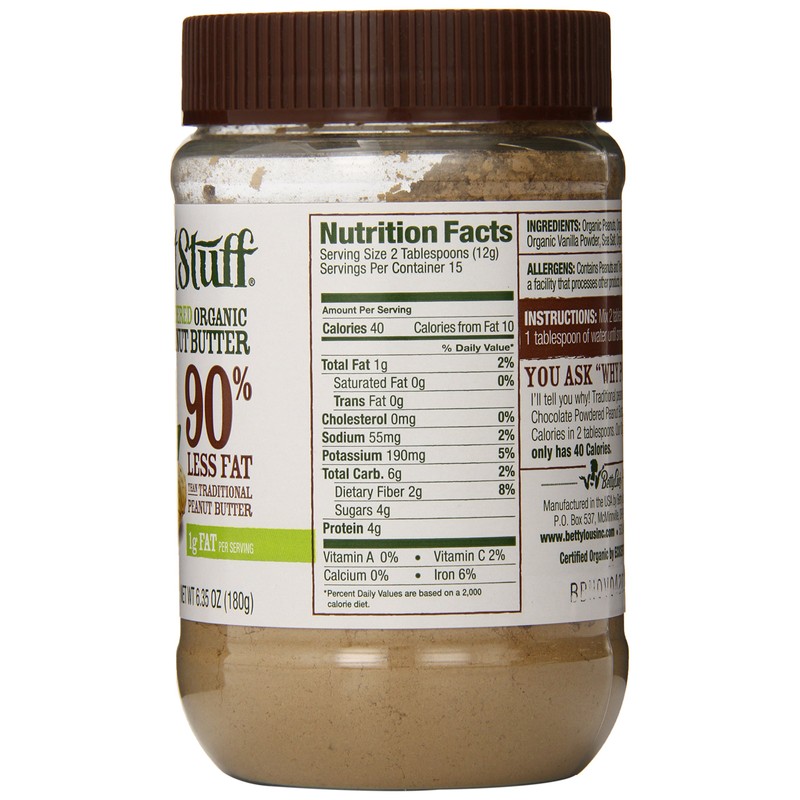 Betty Lou's 100% Organic Chocolate Peanut Butter Powder, Gluten Free,