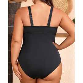 Women Plus Size One Piece Swimsuit - Tummy Control Bathing Suits Ruched Lace up Swimwear Bandeau Retro Swimsuits 2025 Black 16Plus