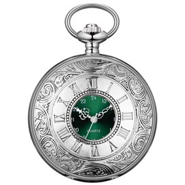 BOSHIYA Pocket Watches for Men Vintage Unique Green Dial Roman Numerals Scale Silver Quartz Pocket Watch with Chain for Christmas Graduation Birthday Gifts