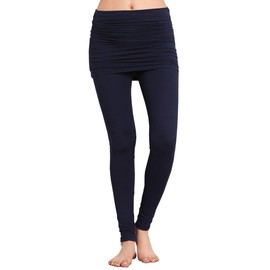 HEYHUN Womens Athleisure Ultra Soft Knit Foldover Ruched Skirted Yoga Leggings - Navy - Large