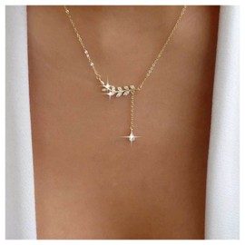 Allereyae Vintage Crystal Leaf Necklace Gold Cz Leaf Y Lariat Necklace Sparkly Cz Leaf Pendant Necklace Rhinestone Teardrop Y Necklace Jewelry for Women