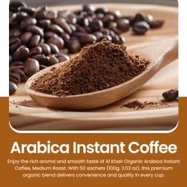 Al Khair Organic Arabica Instant Coffee, Medium Roast, 50 Sachets (100g), 3.53 Oz