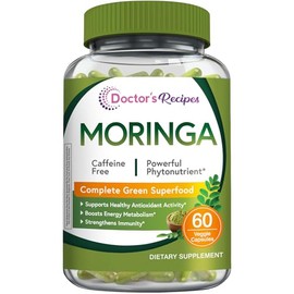 Doctor's Recipes Moringa 11,000 mg de potencia, Superalimento Verde Completo, Apoyo Antioxidante Natural, Sin OMG, 60 cápsulas veganas, Sin cafeína, S