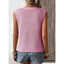 Dokotoo Swimsuit Coverup Summer Sweaters Vest for Women Resort Wear Casual Holiday Beach Round Neck Sleeveless Solid Bathing Suit Cover Ups for Swimwear Solid Crochet Hollow Out Knit Tops Pink Large