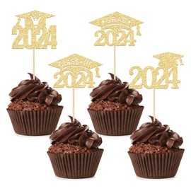 Paquete de 24 tapas de graduación con purpurina dorada 2024, para decoración de tartas de graduación 2024, para decoración de pasteles de graduación 2024