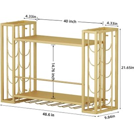ZAOBAS Wall Mounted Wine Rack, Hanging Floating Bar Liquor Shelves with Glass Holder, Metal Bottle Holder Wine Storage Display Shelf for Home Bar, Gold (40”W x 9.8”D x 21.65”H)