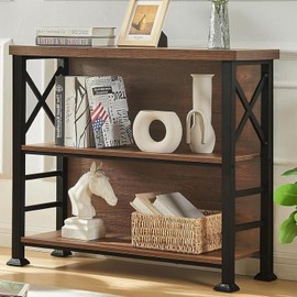 HOMBAZAAR 3-Tier Small Bookshelf, 35.4 Inch Short Book Shelf with Sturdy Metal Frame & Wood Shelves, Rustic Brown Industrial Bookcase for Living Room, Bedroom, Office