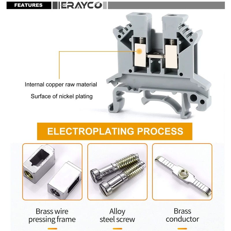 Erayco UK2.5B-GR DIN Rail Terminal Block, Screw Clamp, 600V 20A