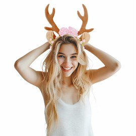 KarneLux Deer Headband Women's Costume Accessory for Carnival, Fancy Dress or Christmas - Reindeer Antlers with Ears and Flowers