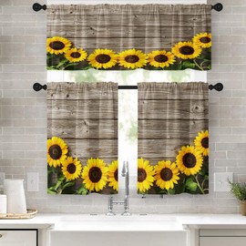 Tayney Sunflower Kitchen Curtains Wooden Board Window Curtains Valance and Tier Set 36 Inch, Yellow Flower Rod Pocket Short Tier Curtain, Summer Rustic Vintage Small Cafe Curtains for Kitchen Decor