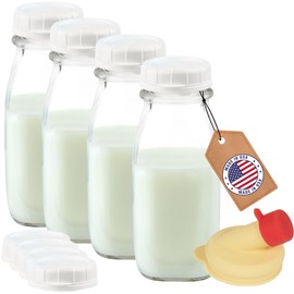 kitchentoolz 12 Oz Square Glass Milk Bottles with Lids (4 Pack) – Reusable Glass Creamer Bottles for Milk, Juice, and More – Includes Tamper-Proof Caps and One Silicone Pour Spout