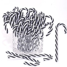 HERZWILD 32Pcs Christmas Candy Cane Hanging Ornaments Black and White Christmas Tree Hanging Decorations Plastic Twisted Crutch Ornaments for Xmas Crafts Indoor Outdoor Decor(15cm No Holes)