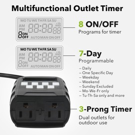 BN-LINK 7 Day Outdoor Heavy Duty Digital Programmable Timer, Outdoor Timer Outlet Waterproof, Grounded Electrical Outlets for Christmas Lights Lamps Ponds, 1875W 1/2HP, ETL Listed-2PACK