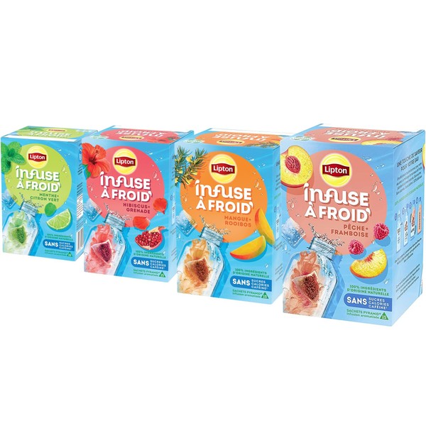 Lipton Cold Infuse, Assortment of 4 Fragrances, Refreshing Summer Drinks, Healthy Flavored Water, Hibiscus Pomegranate, Raspberry Peach, Rooibos Mango, Mint Lime, 60 Pyramid Sachets
