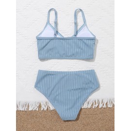 Milumia Lindo traje de baño de dos piezas con cuello en V y tirantes delgados para niña, Azul / Patchwork, 9 Años