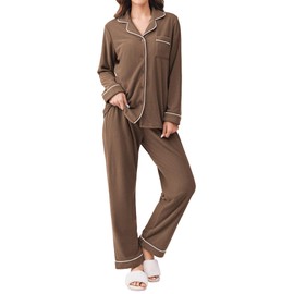 Ekouaer Women's Fleece Pajama Sets Long Sleeve Button Down Two-piece Sleepwear Soft Lounge Set Brown