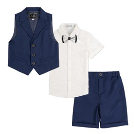 LOLANTA 4-Piece Kids Waistcoat Suit, Boys Wedding Party Shorts Set, Page Boy Outfit, Shirt, Bow Tie, Shorts, Waistcoat, Navy, 11-12 Years, 160