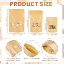 AmazingSpark 100 Pcs Resealable Bags 3 Assorted Sizes Sealable Stand up Kraft Paper Bags with Matte Window, Zipper Reusable Food Storage Pouch for Packaging Products
