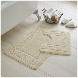 VELVETIO Bath Mat Set 2 Piece Machine Washable for Bathroom, Jacquard Greek Non Slip Quick Dry Shower Rugs & Bathtub Mats, Highly Water Absorbent 100% Polypropylene Toilet Rug Sets, Cream