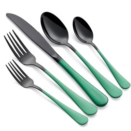 Onlycooker 20-Piece Green Silverware Set - 18/0 Stainless Steel, Black Silverware Set With Green Handles - Dinner Knives, Forks, Spoons - Dishwasher Safe