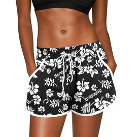 Summer Womens Hawaiian Drawstring Shorts Swim Beach Quick Dry Swimwear Board Shorts Black Floral L