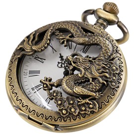 Alwesam Vintage Pocket Watch Bronze Dragon Design Roman Numerals Quartz Pocket Watches with Chain Christmas Graduation Birthday Gifts Fathers Day