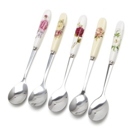 SimpleLife Ceramic Handle Spoon Stainless Steel Teaspoons | Rust Resistant | For Dessert Sundaes Ice Creams Lattes and Coffee Random Color (1 Piece)