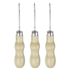 sourcing map 3pcs Handwork Sewing Awl Double Gourd Hollow Awl Leather Punch Hole Tool with Wooden Handle Scratch for Broken Wire Make Mark Drilling Stitching Repair and DIY Handmade, Log Color