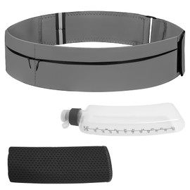 Running Belt for Women & Men-Waterproof Running Bag Belts Fanny Pack with Water Bottle & Cooling towels-Adjustable Reflective Belt Waist Pack with 3 pocket for Jogging, Hiking (Grey, Medium)