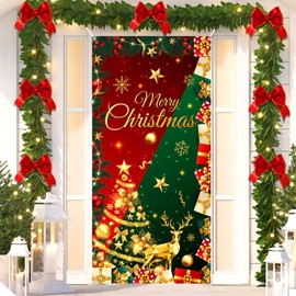 Red Green Christmas Door Cover Merry Christmas Door Decorations Banner Glitter Christmas Tree Elk Snowflake Porch Sign Backdrop Background for Christmas New Year Winter Holiday Party Decor Supplies