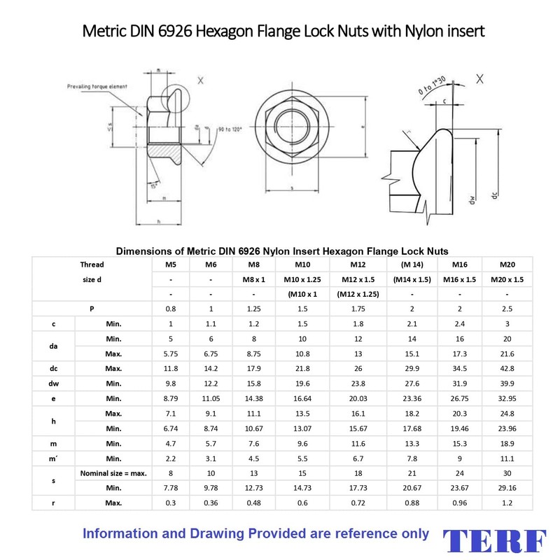 TERF® M8 Flanged Nylon Insert Self Locking Nut M8 (8mm)