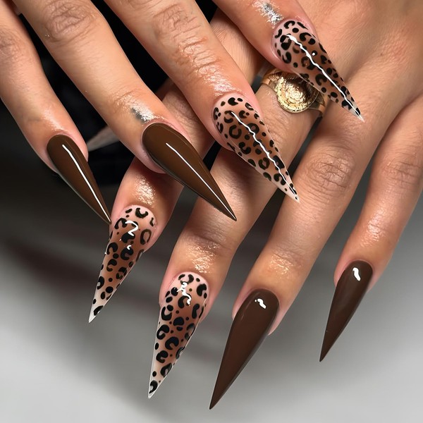 IMRAIN Brown Press on Nails Long Stiletto Fake Nails Ombre