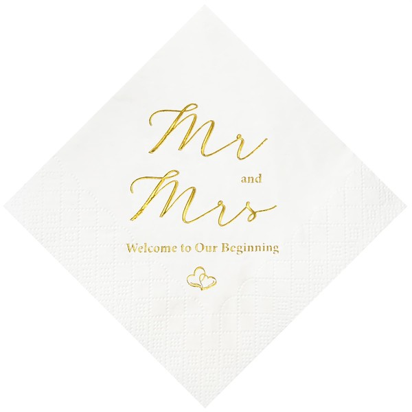 Crisky Gold Foil Mr and Mrs Wedding Cocktail Napkins 100 Counts for Wedding Party Reception Dessert Cake Table Decorations Welcome to Our Beginning Disposable Napkins, 3-Ply,