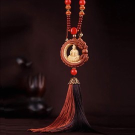 FengShuiGe Boxwood Inlay Dragon Spit Bead Buddha Statue Lucky Interiors Car Pendant Decoration (Sitting Lotus Guanyi)