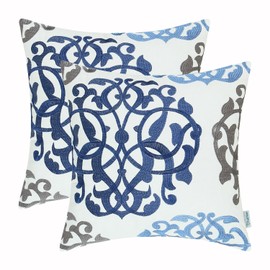 CaliTime Pack of 2 Cotton Throw Pillow Cases Covers for Bed Couch Sofa Vintage Compass Geometric Floral Embroidered 18 X 18 Inches Blue Gray