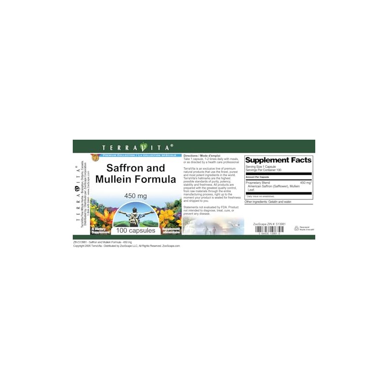 Saffron and Mullein Formula - 450 mg (100 Capsules, ZIN: