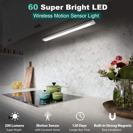 Alivation 60 LED Closet Lights Battery Powered LED Lights, Bright Under Cabinet Lighting, Motion Sensor Light Indoor, Wireless Lights, 2400mah Rechargeable Battery Operated Lights, 120 Days Run Time